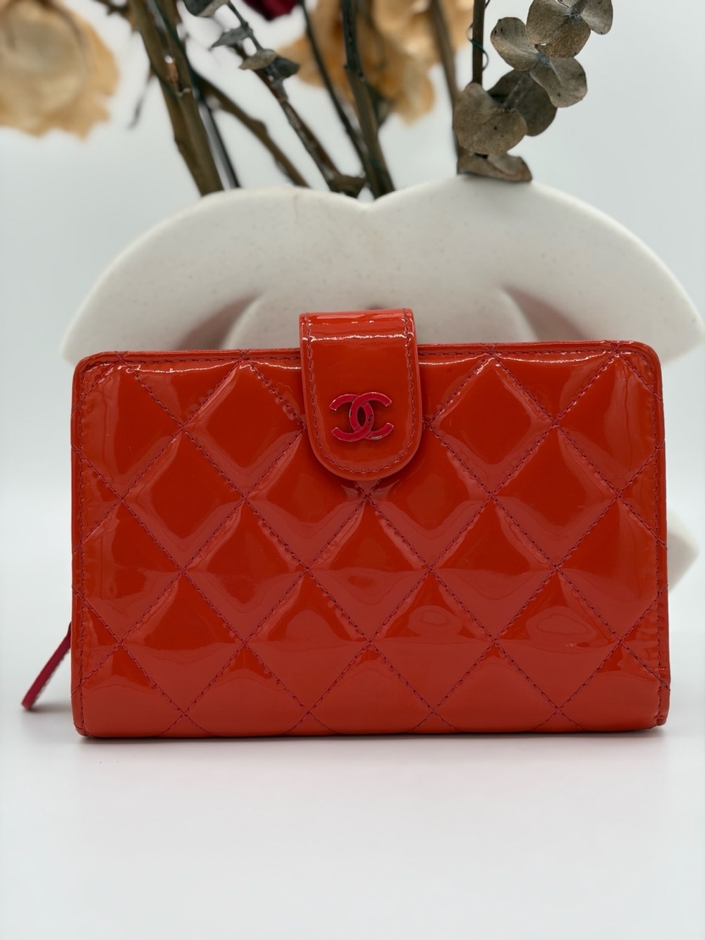 Chanel Orange Quilted Patent Leather CC French Wallet✨✨